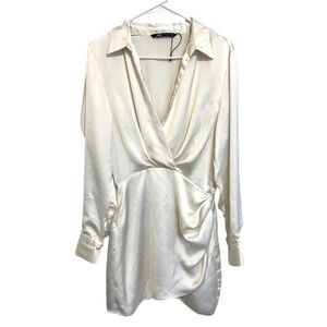 Zara Cream Satin Long Sleeve Dress